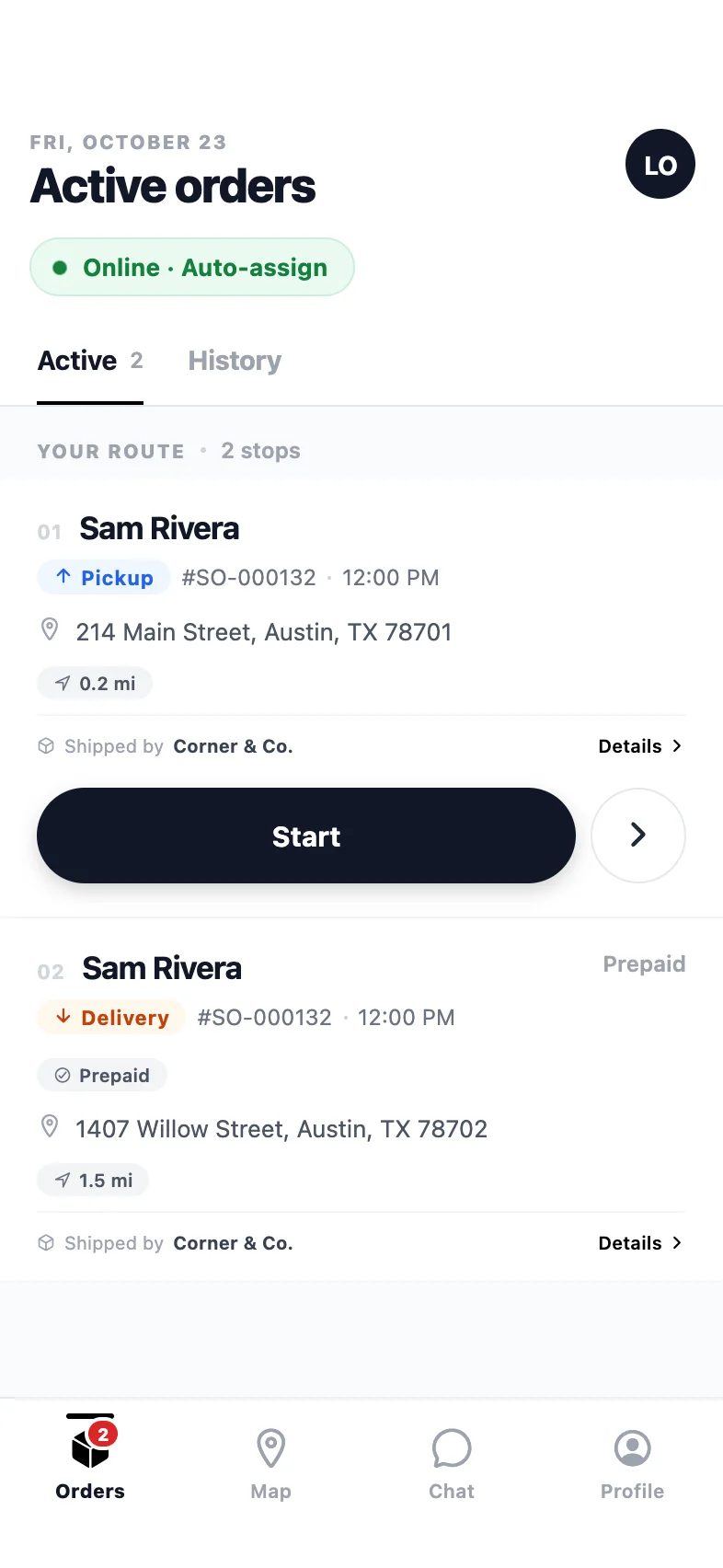 PrivateMile driver app on iPhone: active orders with a pickup and a delivery stop and a Start button.