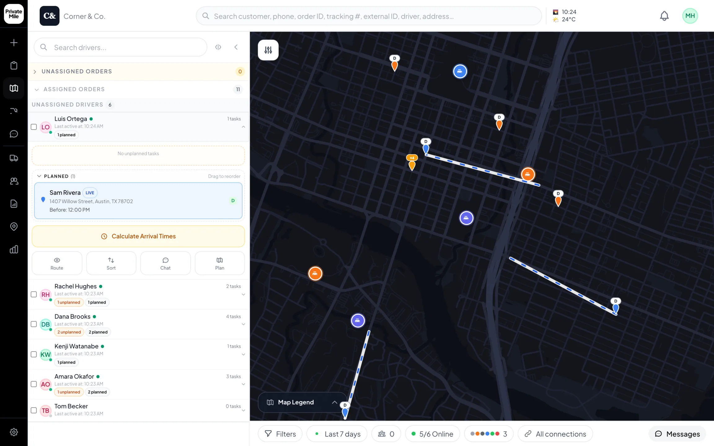 PrivateMile planning map in dark mode with live driver markers and routes, beside a driver list where one driver is open showing a live stop.