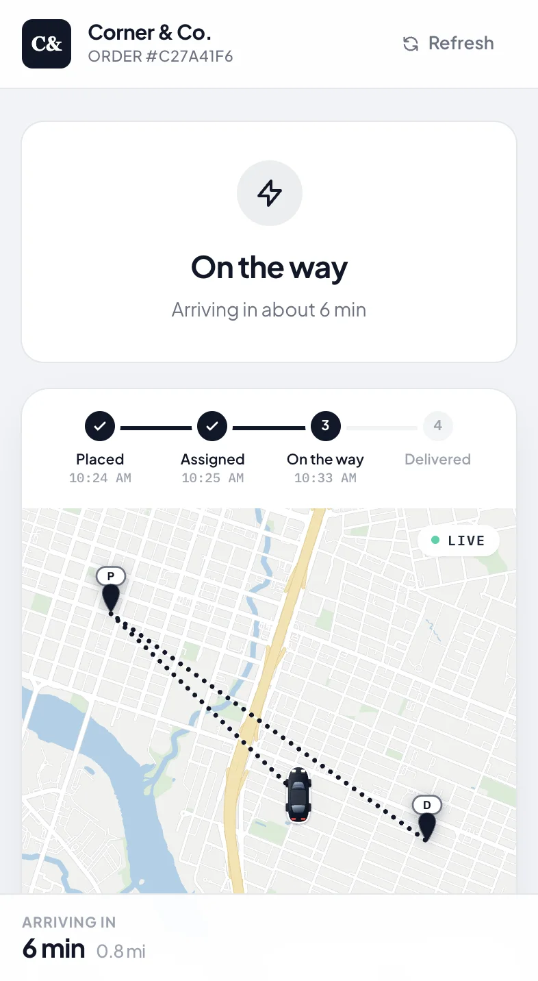 PrivateMile tracking page in Safari on iPhone, branded for the business: on the way, arriving in about 6 minutes, with a live map.